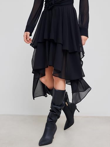 CIDER Skirt Maxi Skirts for Women Solid Ruffle Asymmetrical Hem Mid Waist Maxi Skirt Lined Woven Skirt2