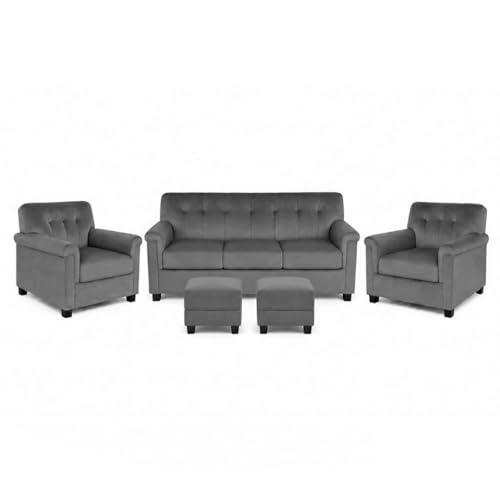 Image of FURNY Woodswave 5 Seater 3+1+1+2 Puffy Sofa Set for Living Room in Premium Velvet Finish (Dark Grey) Durable & Comfortable Ideal for Living Rooms