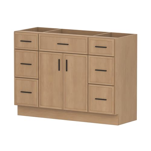 Image of 48 Inch Bathroom Vanity, Modern Bathroom Vanity Without Sink, Freestanding Bathroom Cabinet with 2 Soft Closing Doors & 6 Storage Drawers, Natural