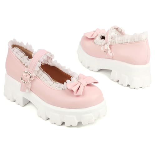 Parisuit Lug Sole Mary Jane Shoes Women Platform Goth Mary Janes Chunky Heel Pumps Sweet Lace Bow Dress Shoes2