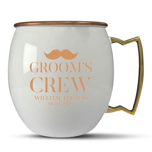 Custom Copper Moscow Mule with Smooth Painted Finish - Engraved Bar Style 100% Copper Cup with Mini Stache Monogram Wedding ThemedTheme Engraving, Brass Handle | 18 oz, White