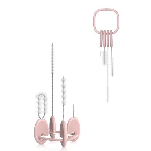 Image of YOTIME Standing Straw Cleaner Brush Set, 4in1 Reusable Straw Brushes with Holder Ring, for Baby Bottles, Sippy Cups and Lids, Pink