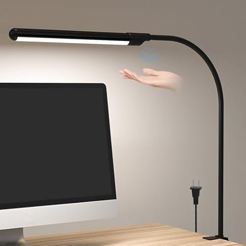 MYPLUS Desk Lamp with Clamp, Hand Wave Sensor Table Light with 5 Color and 10 Level Dimmable, Bright Led Clip on Lamp for Home Office,Reading,Desktop Working - Black Cover