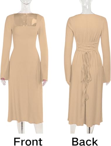 Image of Shasmi Women's Square Neck A-Line Dress - Long Sleeve, Tie Waist, Knitted Stretchable, Casual & Office Outfit, Solid Winter Midi Dress for Women (Dress 221)