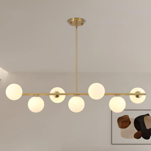 ZenithBeam Lampadario Sala Da Pranzo Moderno Oro,Con Paralume Sferico In Vetro Bianco Lampadario Soggiorno,Lampada Sospeso Asta Metallica Regolabile,Adatto Per Cucina,Isola Cucina,Camera,G9×7
