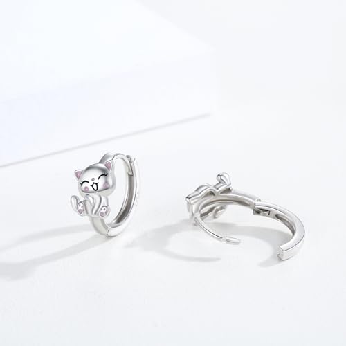 Justkidstoy Hypoallergenic Cat Earrings 925 Sterling Silver Cute Animal Kitten Huggie Hoop Earrings Cat Jewelry Gifts For Women Girls Pet Lovers thumb #1