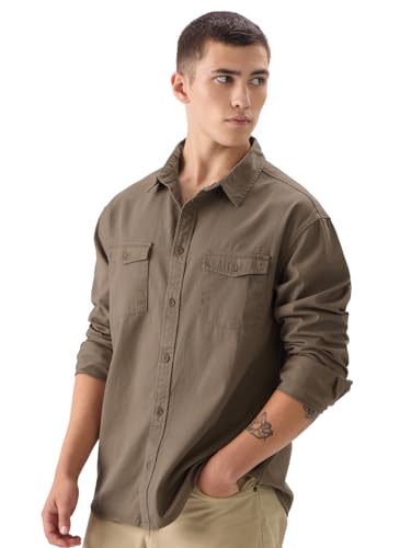 Image of The Souled Store Solids Off White Long Sleeve Collared Cotton Utility Shirts for Mens & Boys- Regular Fit with Classic Style