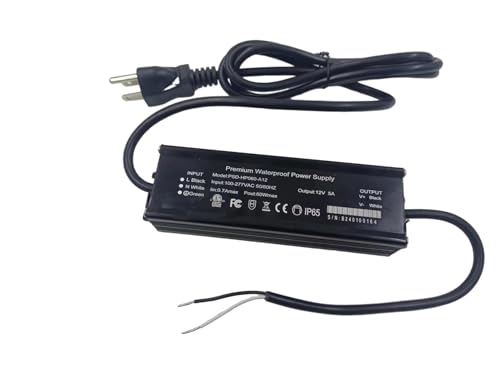 Image of 60W 12V LED Driver ETL Listed Transformer, Waterproof IP65 Power Supply, 100-277V AC to 12V DC Low Voltage Adapter for Outdoor Use (ETL12V60W)