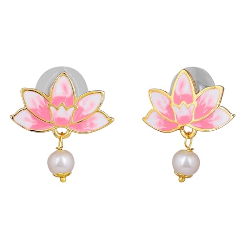Plated Lotus Pink Enamel Pearl Drop Earrings