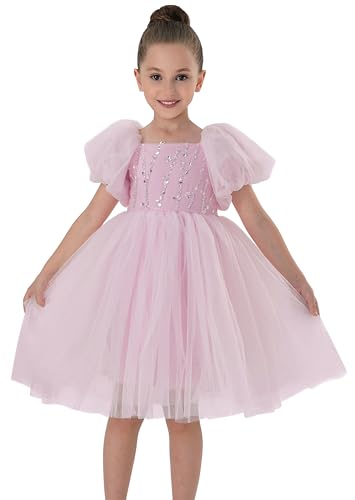 2Bunnies Girls Puff Sleeve Sequin Bodice Tulle Bow Back Party Flower Girl Dress