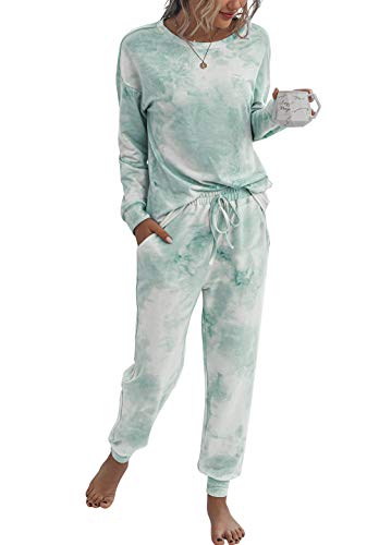 Women's Pajama Sets Tie Dye Two Piece Sleepwear Long Sleeve Pullover Tops with Long Pants with Pockets Joggers Nightwear PJ Sets Loungewear Printed Lounge Set Green