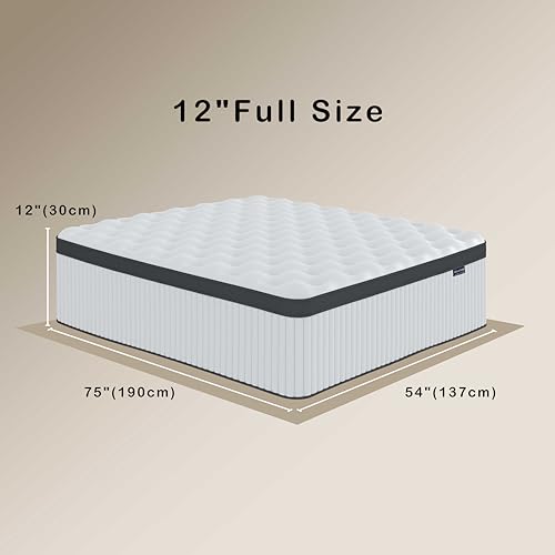 Tegeniss 12 Inch Innerspring Hybrid Mattress in a Box with Gel Memory Foam, Individually Wrapped Encased Coil Pocket Spring Mattress, Pressure Relief, Medium Firm Support,54"*75"*12"
