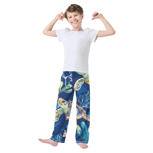 Marine Turtle Coral Boys Long Pants Soft Trousers Elastic Waist Kids Lounge Bottoms with Pockets S-XL3