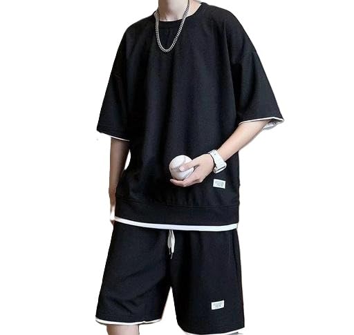 EASYOUNG Men Cotton Blend Black Tracksuit Set T Shirt and Shorts Co Ord Casual Sports Gym Active Outfit Black L