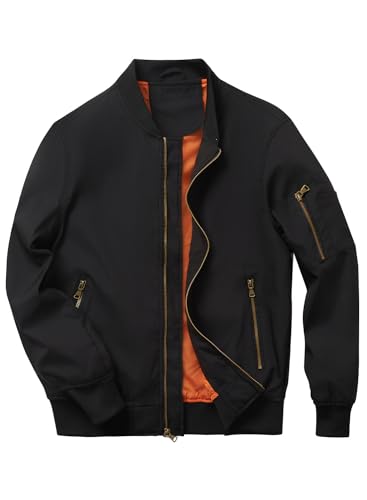 HOOD CREW Herren Bomberjacke Leichte Dünne Lässige Jacke Windbreaker Übergangsjacke mit Reißverschlusstaschen Schwarz M