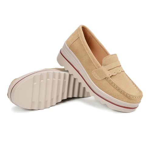 Image of Ruiatoo Women's Slip-On Platform Loafers Suede Wedge Mocs Low-Top Lightweight Casual Office, Travel, Daily Walking Shoes