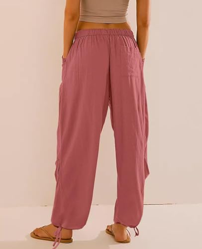 Image of Women's Linen Balloon Barrel Beach Pants Boho Harem Flowy Drawstring Casual Loose Pants with Pockets