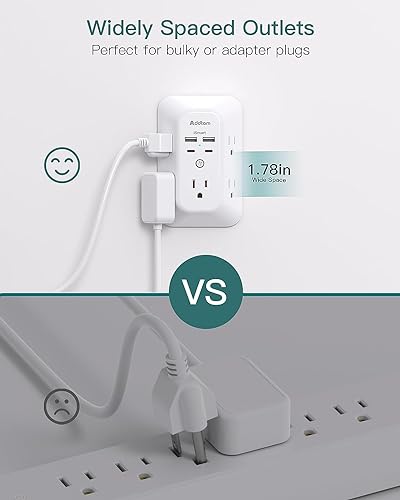 Power Bar, USB Wall Charger Surge Protector 5 Outlet Extender with 4 USB Charging Ports (2 USB C), Multi Plug Outlet, 3-Sided 1800J Power Strip Outlets Splitter Wall Plug Adapter f image 5