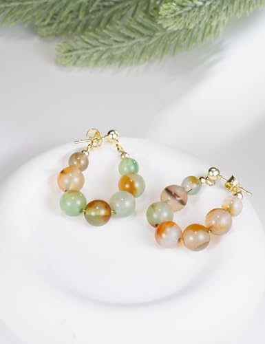 Agate Tiger Eye Beaded Hoop Earrings Gold Plated Hypoallergenic Natural Quartz Healing Gemstone Crystal Lightweight Boho Statement Jewelry for Women2