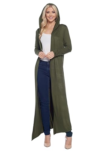 Image of Isaac Liev Women's Maxi Cardigan Casual Extra Long Open Front Floor Length Lightweight Duster Cardigans Womens with Hoodie 197 Olive XL