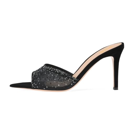 XYD Women Sexy Pointed Open Toe Rhinestones Crystal Slides Sandals High Heel Slip-on Summer Bridal Evening Mesh Shoes2