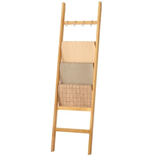 Yorbay Handtuchleiter Bambus, 6 Sprossen, Kleiderleiter mit 2 Sturzsicherheitsriemen und 4 Haken, Handtuchhalter Leiter für Dekoratives Badezimmer, Leiter Deko HxB 170 x 43 cm (Bambus)