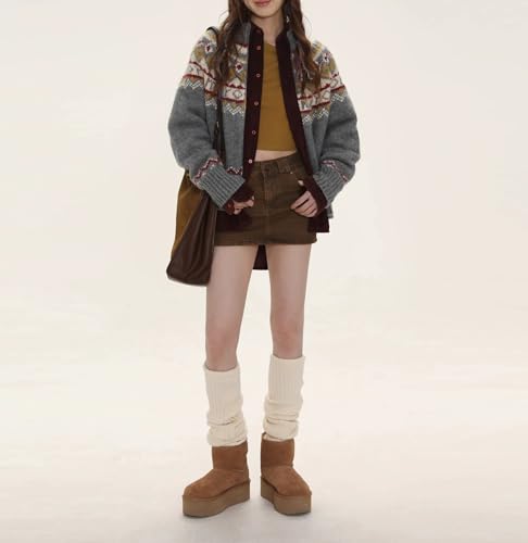 TIAFORD Women's Retro Fair Isle Print Zip Up Sweater Cardigan Long Sleeve Knitted Mock Neck Winter Chunky Outerwear4