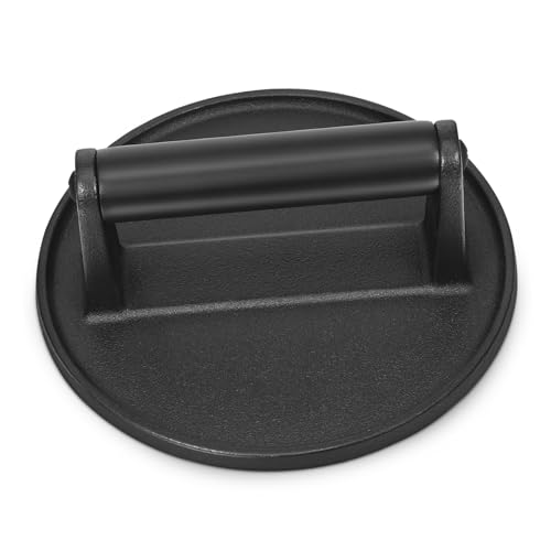 Cabilock Cast Iron Burger Press Round Meat Smasher with Handle Heavy Duty Griddle Tool for Even Pressure Distribution and Tender Cooking for Hamburgers Bacon and Steaks
