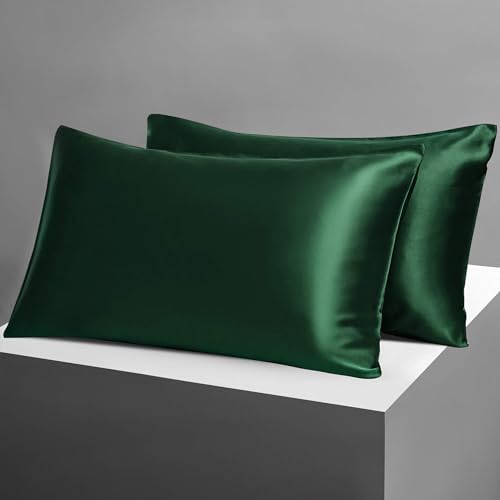 Candoury Satin Silk Pillowcase for Hair and Skin Standard Size Set of 2 Pillow Cases Soft Silky Pillow Covers 2 Pack with Envelope Closure (20x26 Dark Green)