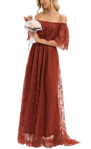 Image of HOYISHION Women's Off The Shoulder Floral Lace Maxi Dress White Bridesmaid Wedding Party Maternity Photoshoot Long Dresses