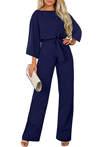 CANIKAT Women’s Round Neck Tie Front Belted Long Sleeve Jumpsuits Solid Basic Back Keyhole Wide Leg Pants Romper Overall Blue S