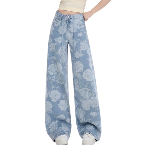 Fashion Casual High Waisted Straight Leg Jeans for Woman Y2K Cute Floral Printed Waist Drawstring Denim