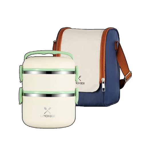 Fiegcit 弁当箱 ステンレス鋼 保温 大容量 真空断熱 ホットスープ弁当 スープボトル 保温バッグ付き 2段 3段 4段 (2段,グリーン)