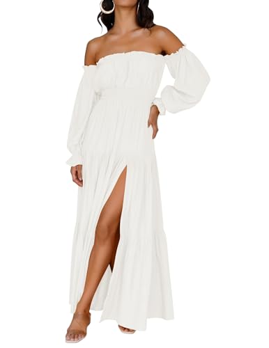 ZESICA Women's 2025 Boho Sexy Off Shoulder Long Sleeve Smocked High Waist...