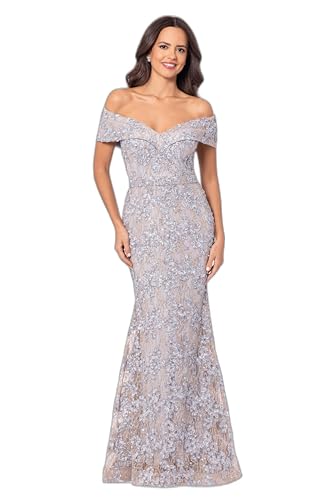 Image of Xscape Women's Off The Shoulder Sequin & Lace Overlay Evening Gown with Sweetheart Neckline, Sheath Formal Dress