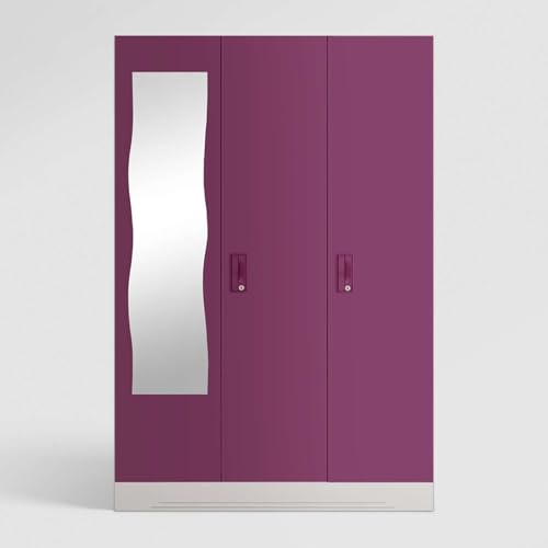 Image of Interio by Godrej Almirah Slimline 3-Door Steel Almirah, Cupboard for Clothes (Purple), 1-Year Warranty, 7 Shelves, 1 Locker, Curvilinear Mirror