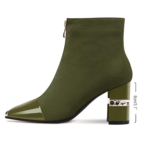 Image of XINIUNIU Women's Ankle Boots Block Chunky Heels Booties Metal Square Toe Suede Front Zipper 3 Inch Short Boot Dress