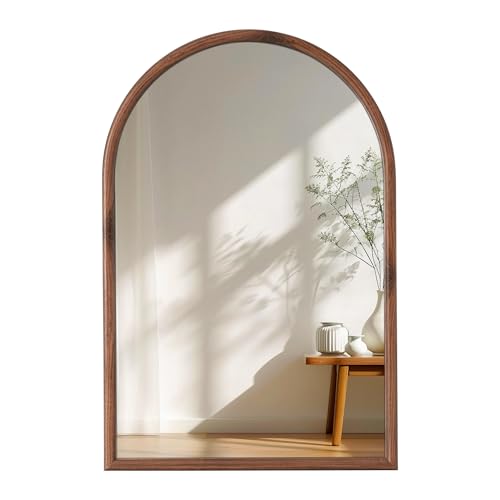 Image of 20 inchx30 inch Arch Wall Mirror for Wall, Wall Mounted Vanity Mirror for Bedroom, Wood Grain Finish Frame Mirror with Tempered Glass, Vintage Decorative for Bathroom, Entryway, Living Room, Walnut