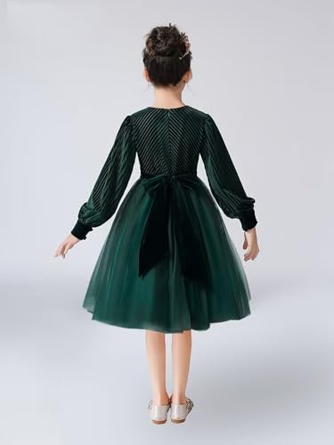 dideyttawl Girls Short Velvet Tulle Dress Long Sleeves Knee Length Elegant Formal Dress Round Neck Big Bow Flower Girl Dress3