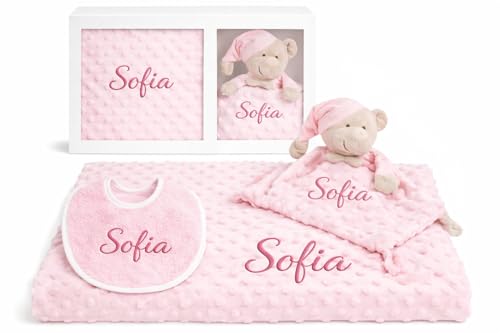Danielstore Pack Manta Bebe Personalizada + Doudou Bordado + Babero Regalo Personalizado para Recien Nacido Niño o Niña Mantita Minky Suave 80x100cm Dou Dou 25x25 cm Cuna Coche