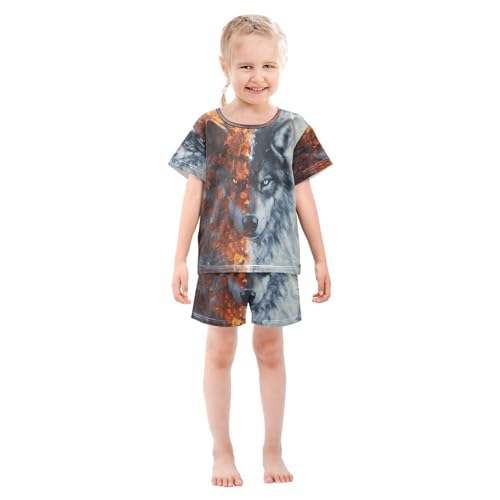 ALAZA Wolf Maple Leaf Fall Winter Pajamas Set Short Sleeve Cotton Sleepwear Summer Pjs 2 Piece 5-14Y3