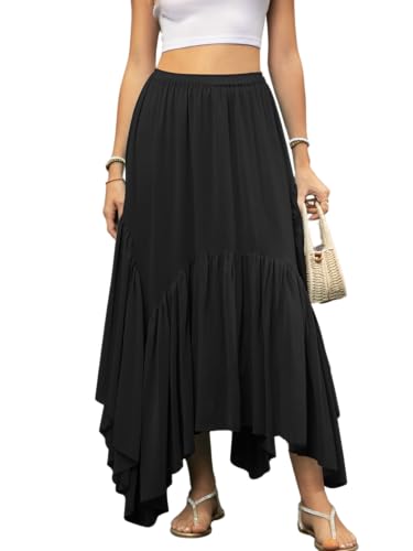 ebossy Womens Boho Chiffon Skirt Elastic Waist Pleated Ruffle High-Low Hem Tiered Layered Flowy Skirts