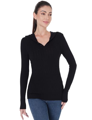 AmélieBoutik Women Hooded Ribbed V Neck Long Sleeve Sweater Cable Knit Top3