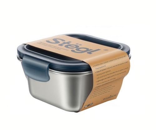 Image of Stegl 640ml Square Stainless Steel Food Storage Container | Airtight 4-Lock Lid Leak-Proof Lunch Box | BPA-Free Stackable Kitchen Storage Container for Office Meal Prep
