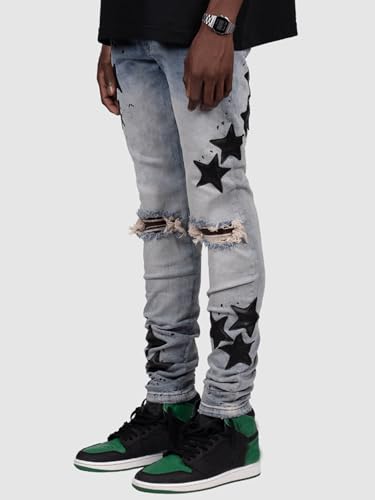 Ripped Stacked Jeans for Men Mid Rise Star Skinny Denim Pants Straight Leg Hip Hop Trouser Streetwear2