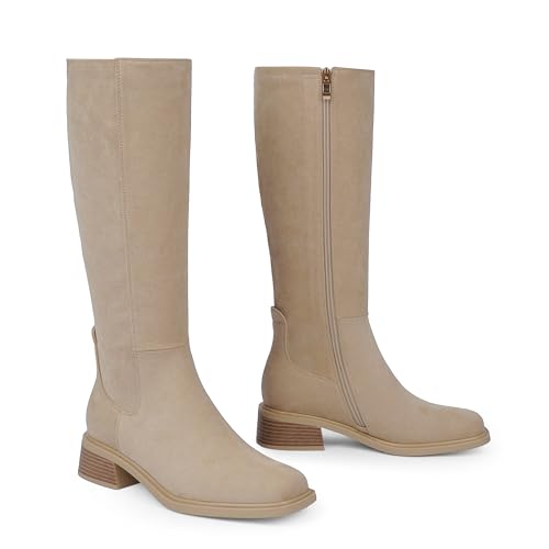 Image of QIY Knee High Boots for Women Low Heel Flat Tall Boots | Stretch Boots, Chunky Heel Womens Boots, Square Toe Heeled Fall Winter Dress Riding Long Boot with Side Zipper