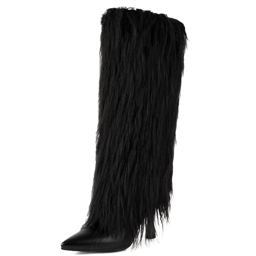 Women's Fur Knee High Boots Female Stiletto Heel Furry Side Zipper Pointed Toe Black Clubwear Party Evening Tall Boots