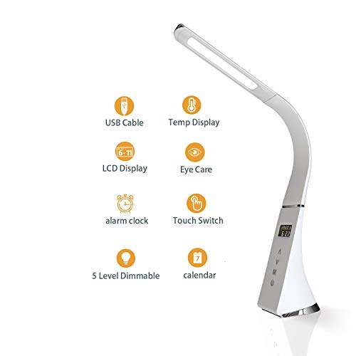 YOUKOYI Lampe de Bureau LED, Lampe de Chevet avec Réveil Calendrier Affichage de la Température, Mise à Niveau de col de Cygne Lampes de Bureau, 3 Modes D'éclairage avec 5 Niveaux de Luminosité