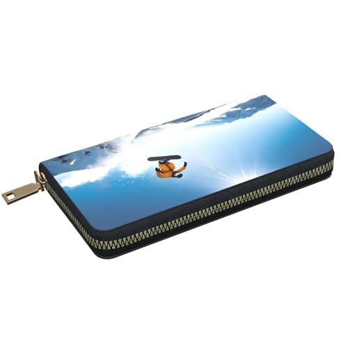 Leather Wallet for Women Ladies Novelty Printed Around Zipper Long Wallet Phone Purse Credit Card Holder, Snowboarding2