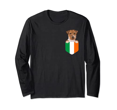 Ireland Flag Russell Terrier Dog In Pocket Long Sleeve T-Shirt, Black